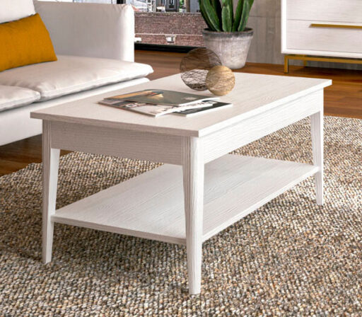 ME036 – MESA CENTRO ELEVABLE CON ESTANTES PATA AGUJADA