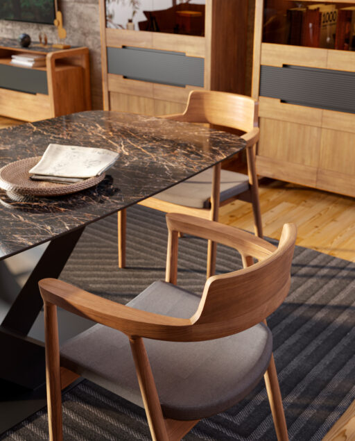 Mesa Lanzarote 200 | Silla Giovanna | Vitrina baja puertas cristal y madera Berna | BERNA 06/01 – COMEDORES